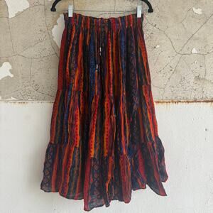 Vtg 90s Boho Maxi Skirt Rayon Colorful Tiered Midi Womens M‎ India Worthington